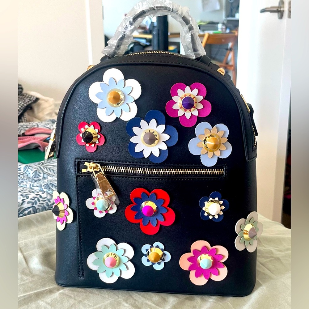 Floral Embellished Black Backpack